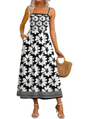 Women's Black Floral Spaghetti Strap Smocked Casual Boho Beach Long Maxi Dresses